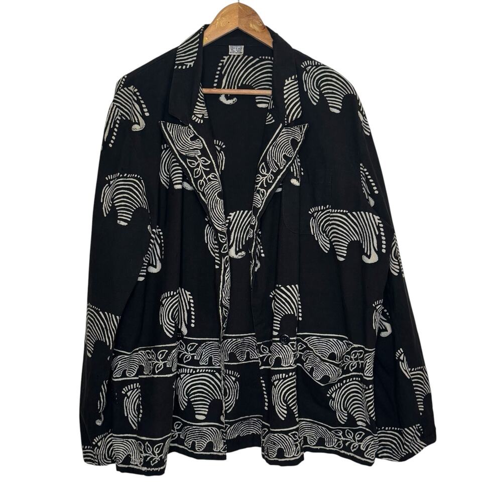 Vtg 1980s 100% Cotton Black White Zebra Striped Elephant Print Open Front Jacket
